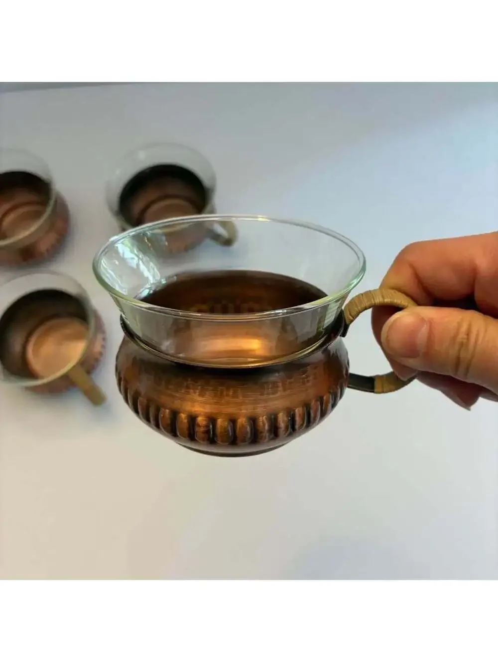 Vintage Set 4 Copper Glass Punch Cups Rattan Wrapped Handles Mid Century MCM